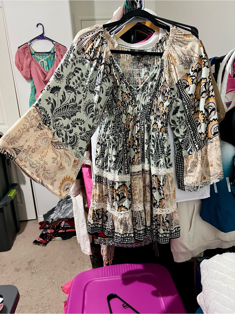 Angie Sage Green & Beige Boho Smocked Tunic Dress